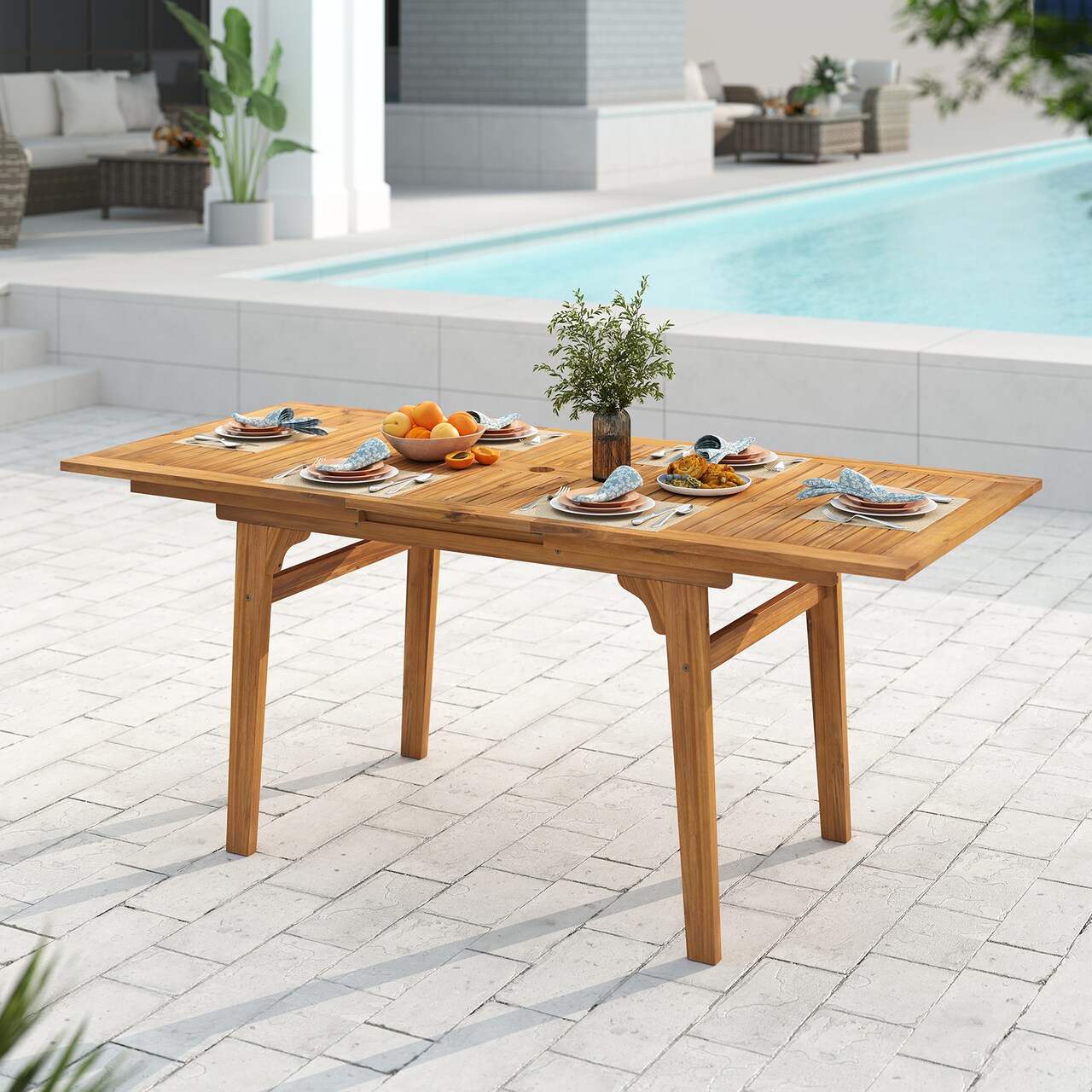 55 Inch Acacia Wood Expandable Outdoor Table with Umbrella Hole Ideal for Patio Gatherings